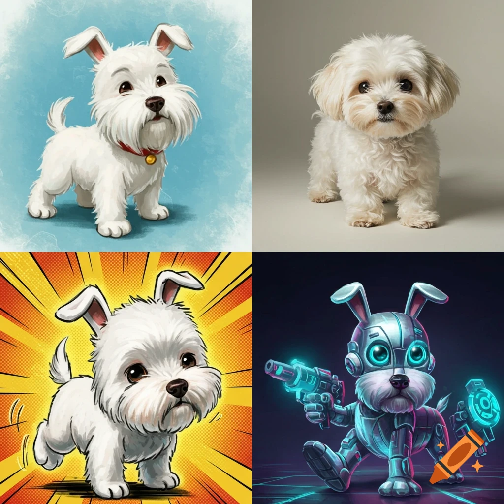 Four panels showing a small white dog in different art styles: cartoon, photorealistic, comic, and futuristic sci-fi robot.