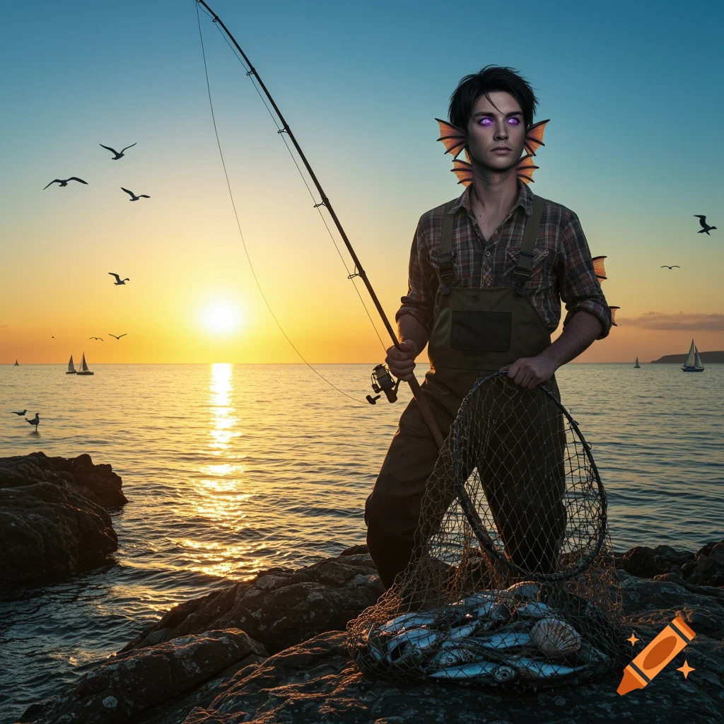 A male fisherman with purple eyes and fin-like gills on his ears and neck stands on rocks at sunset, holding a fishing rod and a net full of fish.