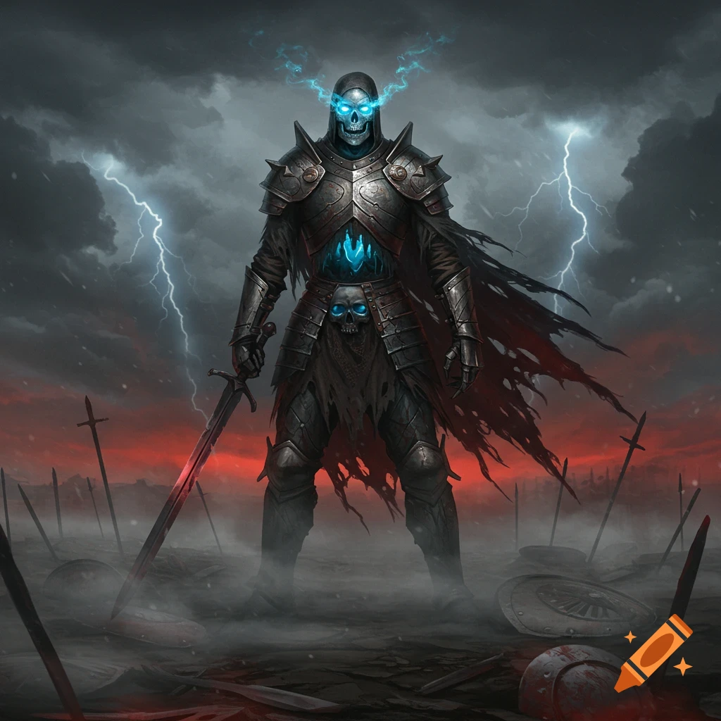 Skeletal warrior in dark armor with glowing blue eyes and chest stands on a misty, red battlefield under a lightning-filled storm sky, holding a glowing sword.