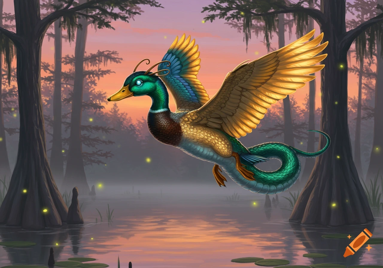 A fantasy creature, part duck and part snake with large wings, flies over a misty swamp at sunset.