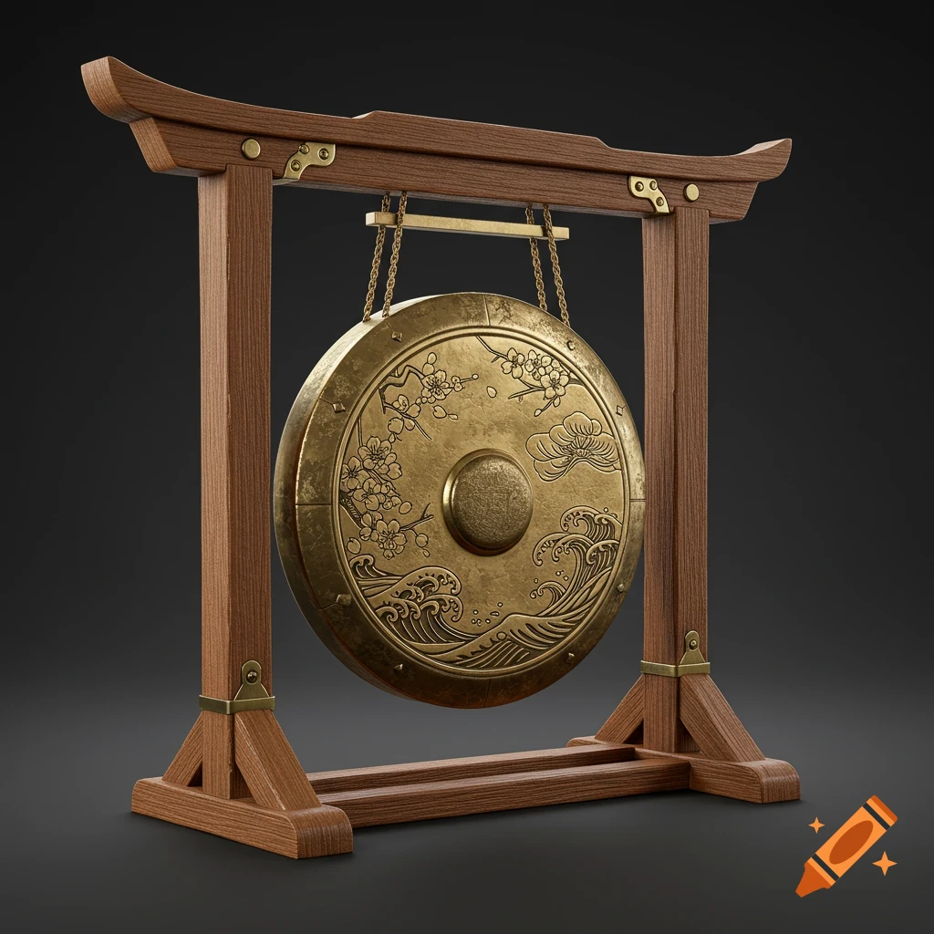 An ornate golden Japanese-style gong with cherry blossom and wave patterns, suspended on a wooden stand.