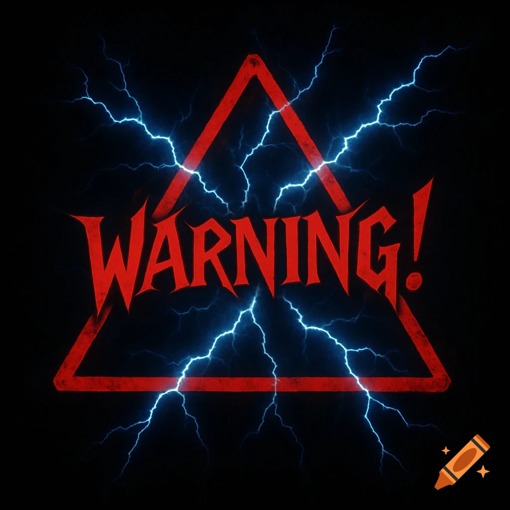 A red warning triangle with blue lightning inside, and the word 'WARNING!' in a red, jagged, rock-style font on a black background.