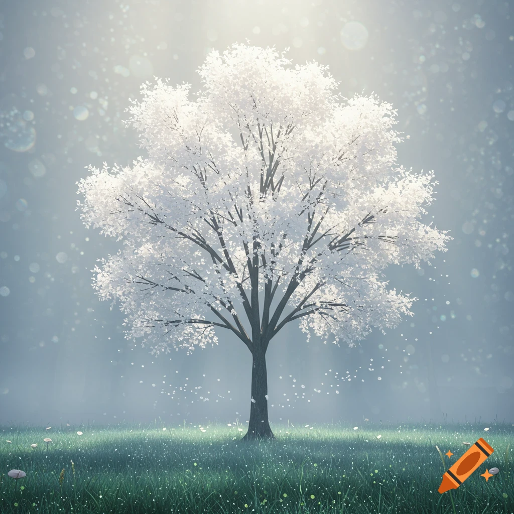 A lone white-leafed tree stands in a green field under a misty, bright sky with falling white flakes.