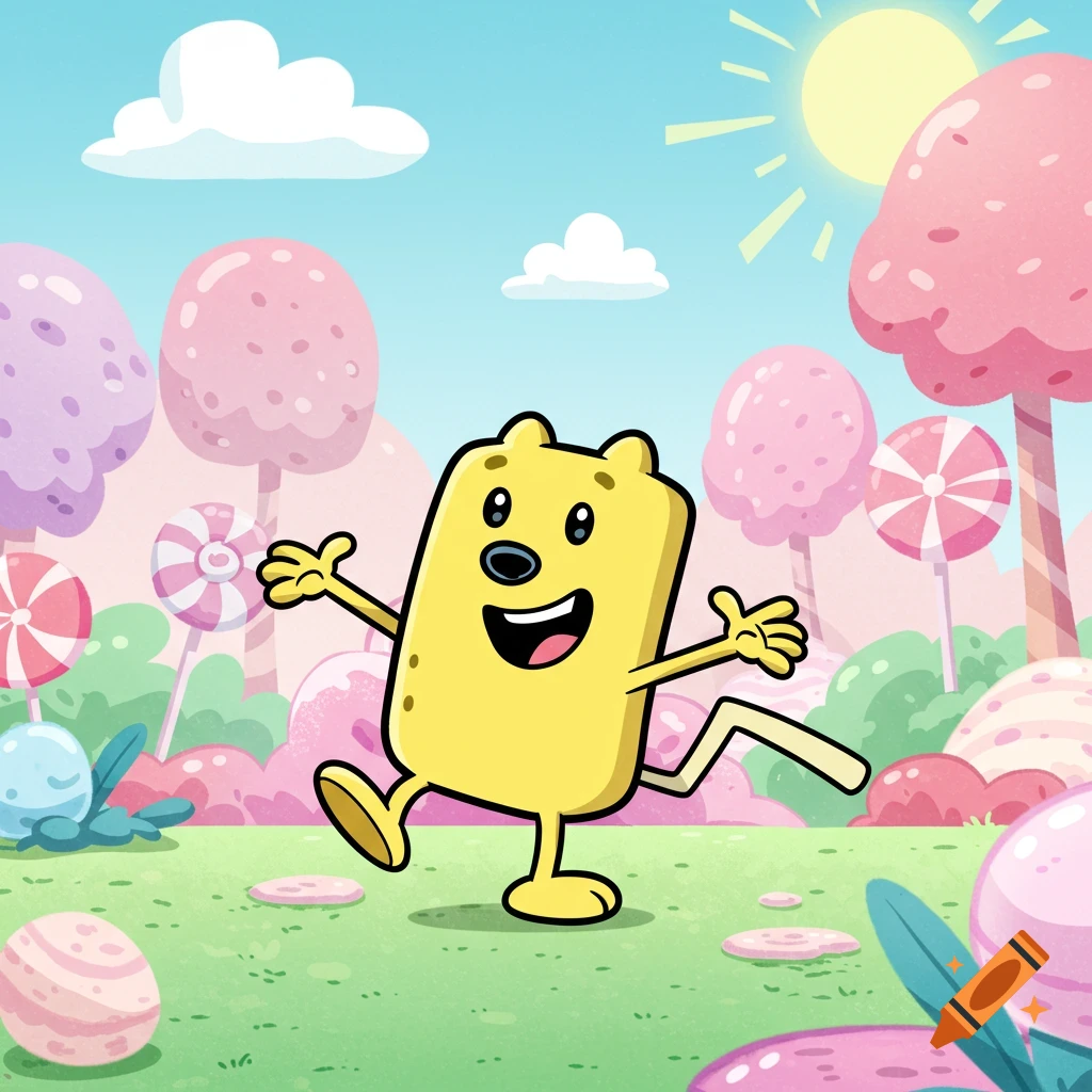 A cheerful yellow cartoon character, Wubbzy, stands with arms outstretched in a whimsical candy land with pastel trees and lollipops.