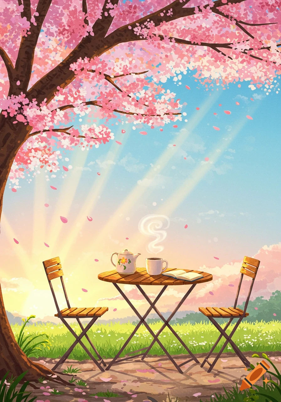 Anime illustration of a peaceful outdoor cafe scene under a pink cherry blossom tree at sunrise, with a steaming cup of coffee.