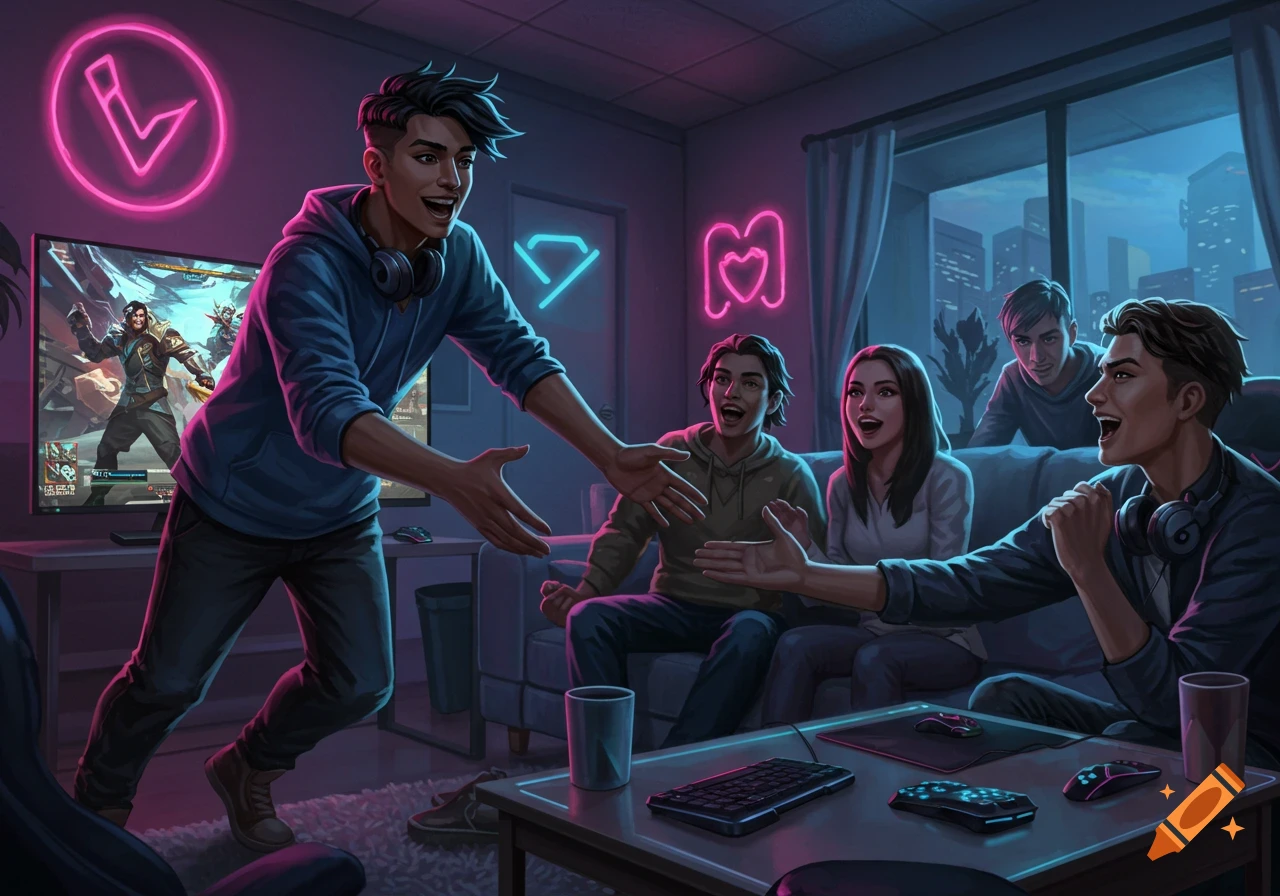 Illustrated scene of friends playing video games in a neon-lit room, with one person enthusiastically reaching out.