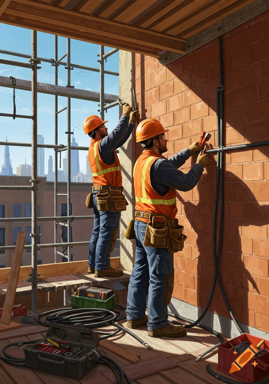 Two construction workers in orange vests and hard hats install electrical conduit on a brick wall at a building site, with scaffolding and a city skyline in the background.