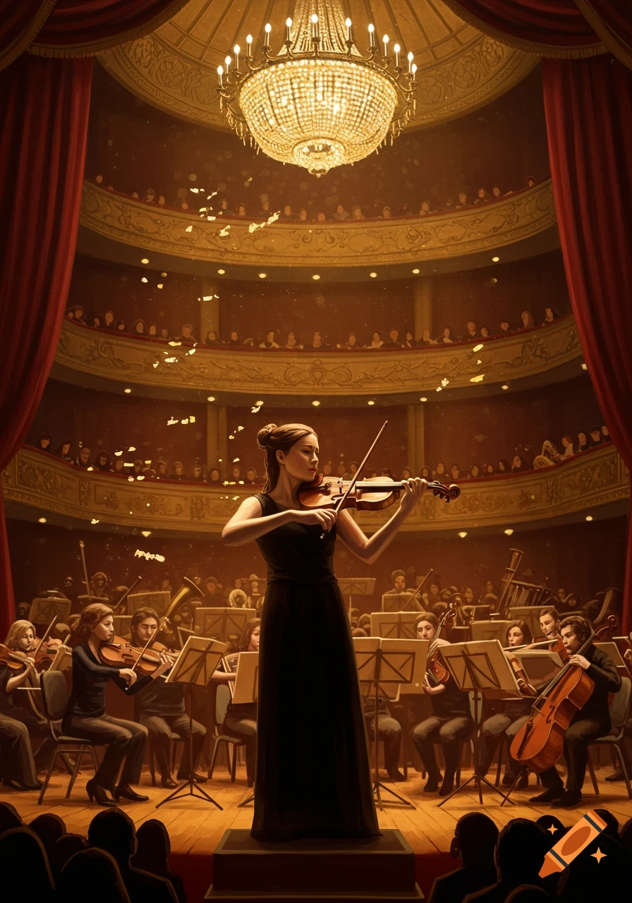 A female violinist performs a solo with an orchestra on a grand stage in a theater, under a large chandelier.
