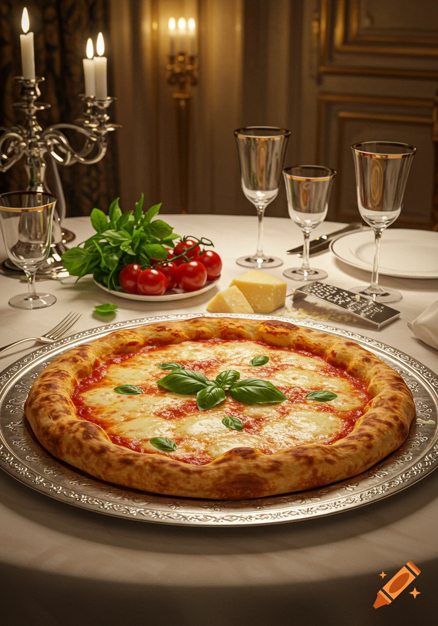 A photorealistic pizza Margherita with basil on a silver platter, set on a fancy dining table with candles, glasses, and fresh ingredients.