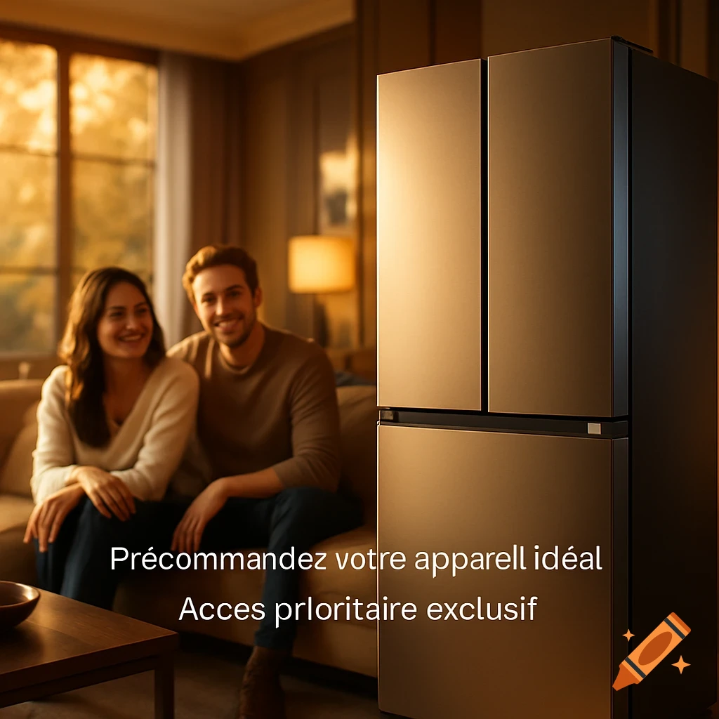 Smiling couple on a couch in a warm living room with a modern bronze refrigerator and French promotional text overlay.