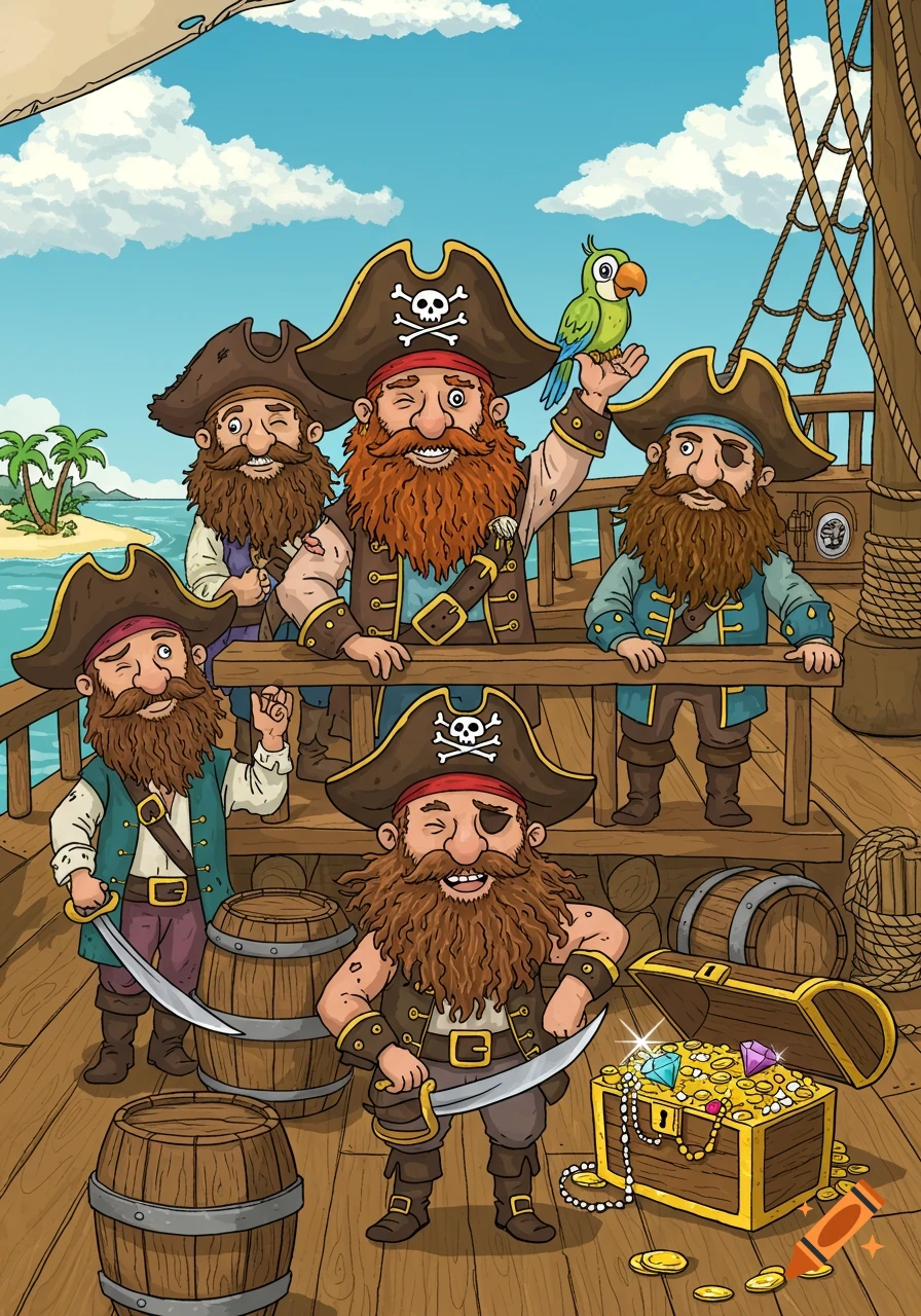 Five cartoon pirates with beards and tattered hats stand on a ship deck with a treasure chest and a parrot, an island in the background.
