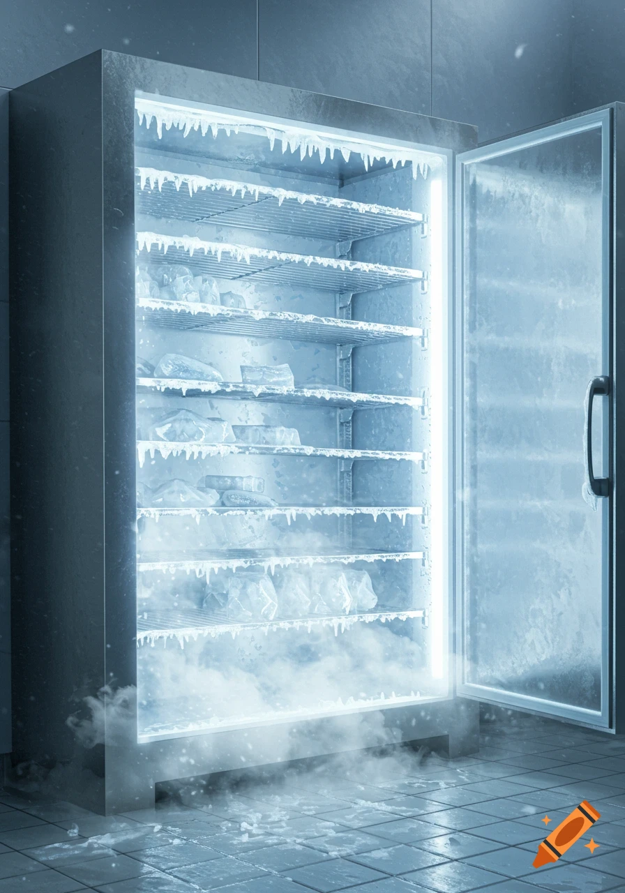 A heavily frosted commercial freezer with its door ajar, revealing shelves completely covered in ice and several frozen items inside, with steam on the floor.