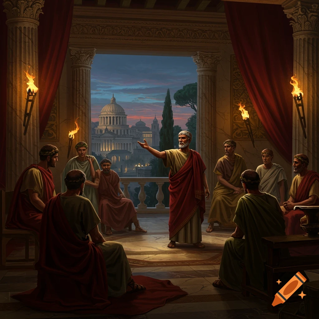 Ancient Roman men in togas gather in a grand hall with torches, overlooking a city at dusk, one speaking to the group.