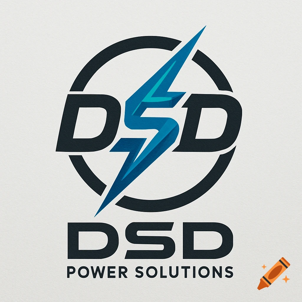 A modern logo for DSD Power Solutions, featuring a blue lightning bolt integrated with 'DSD' text within a black circle and 'DSD POWER SOLUTIONS' below.
