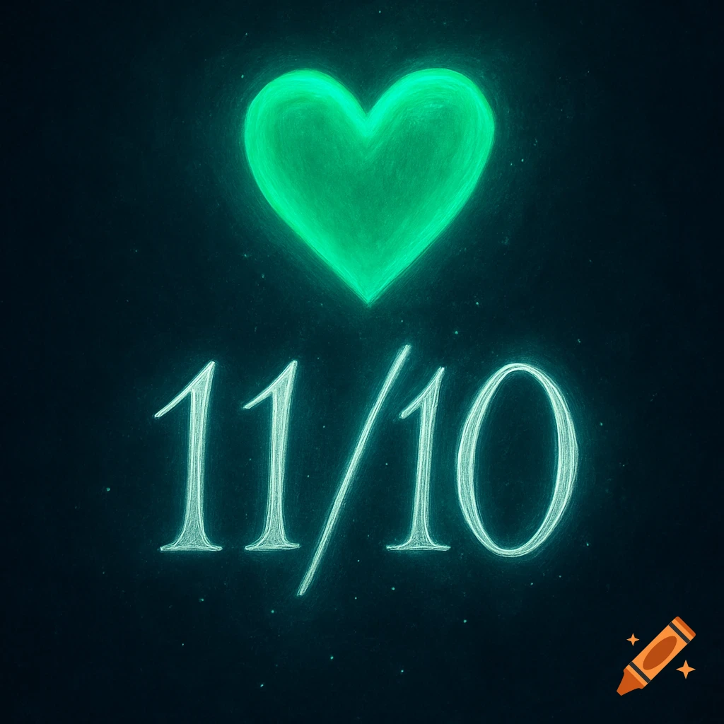 A glowing green heart floats above the glowing white numbers "11/10" on a dark, speckled background.