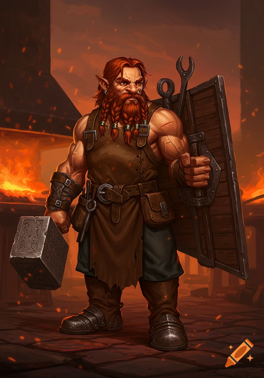 A muscular dwarf with a red braided beard, an apron, holding a large hammer and a shield in a fiery blacksmith forge. Digital painting.