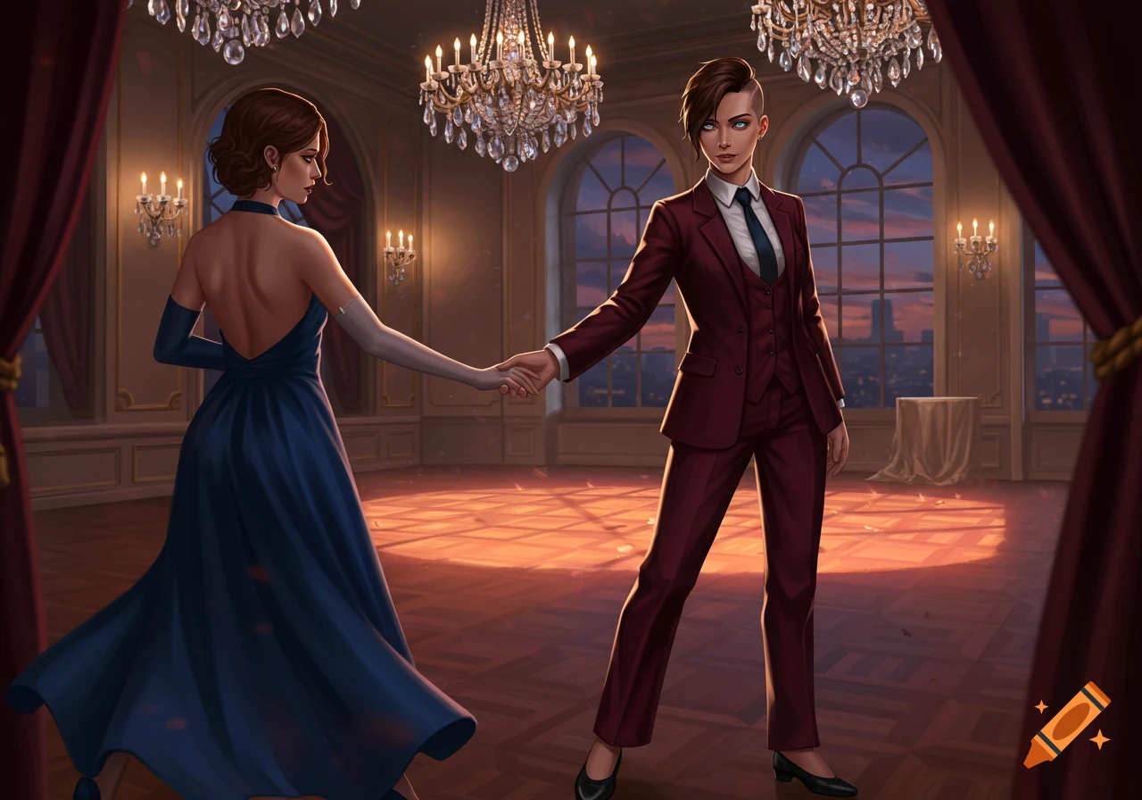 Digital illustration of two women dancing in an elegant ballroom with chandeliers and large windows at sunset.
