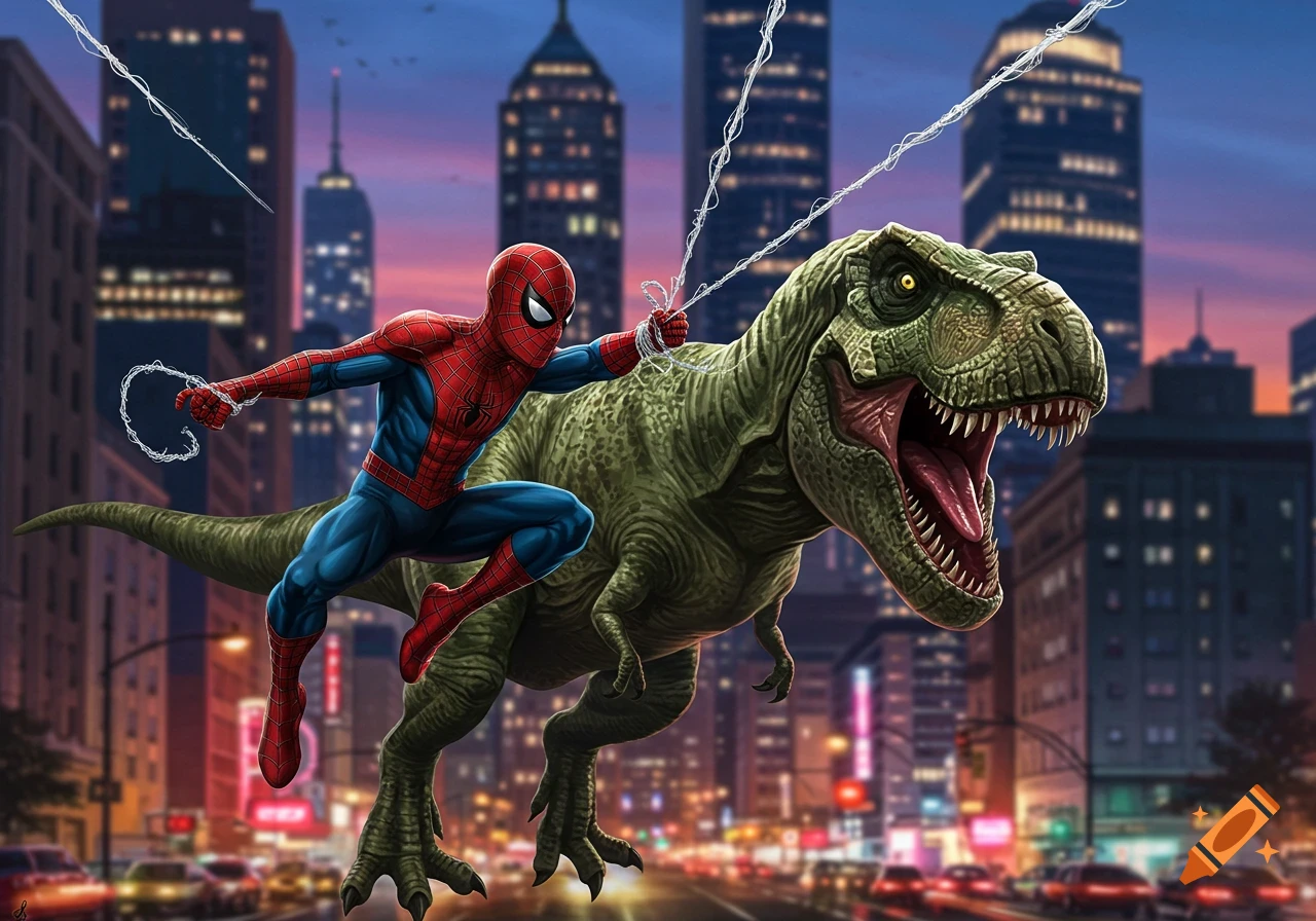 Spider-Man, connected by webs, riding a T-Rex through a bustling city street at night, in a comic book art style.