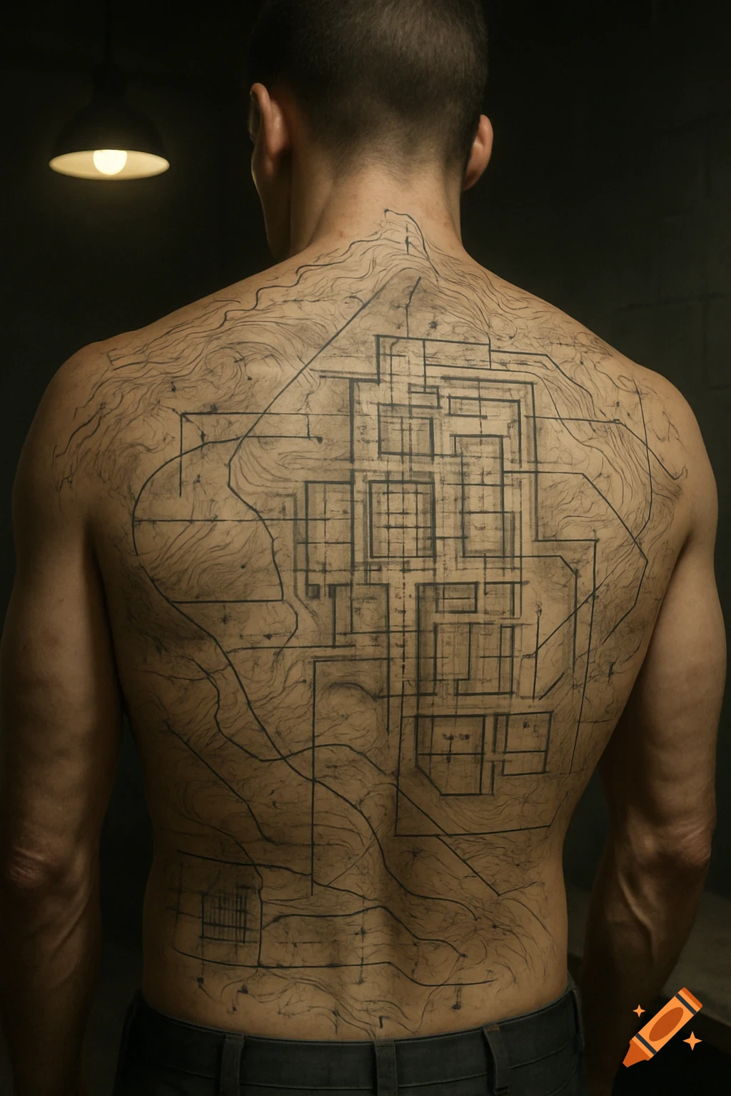 A man's back covered in intricate blueprint-like tattoos, under a single hanging lamp in a dark room.