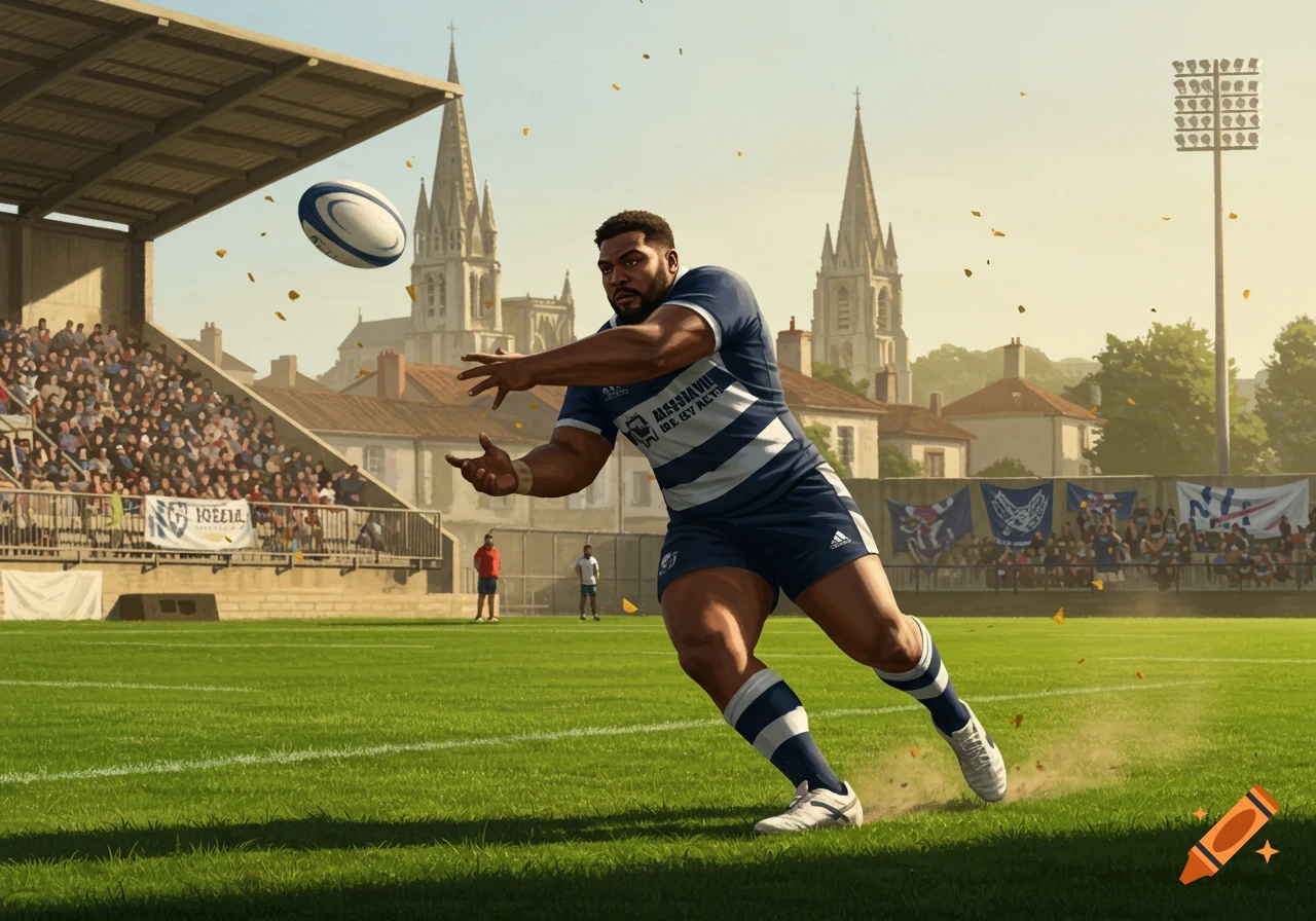 A muscular rugby player in a blue and white striped jersey makes a pass on a green field during a sunny match in a stadium with church spires in the background.