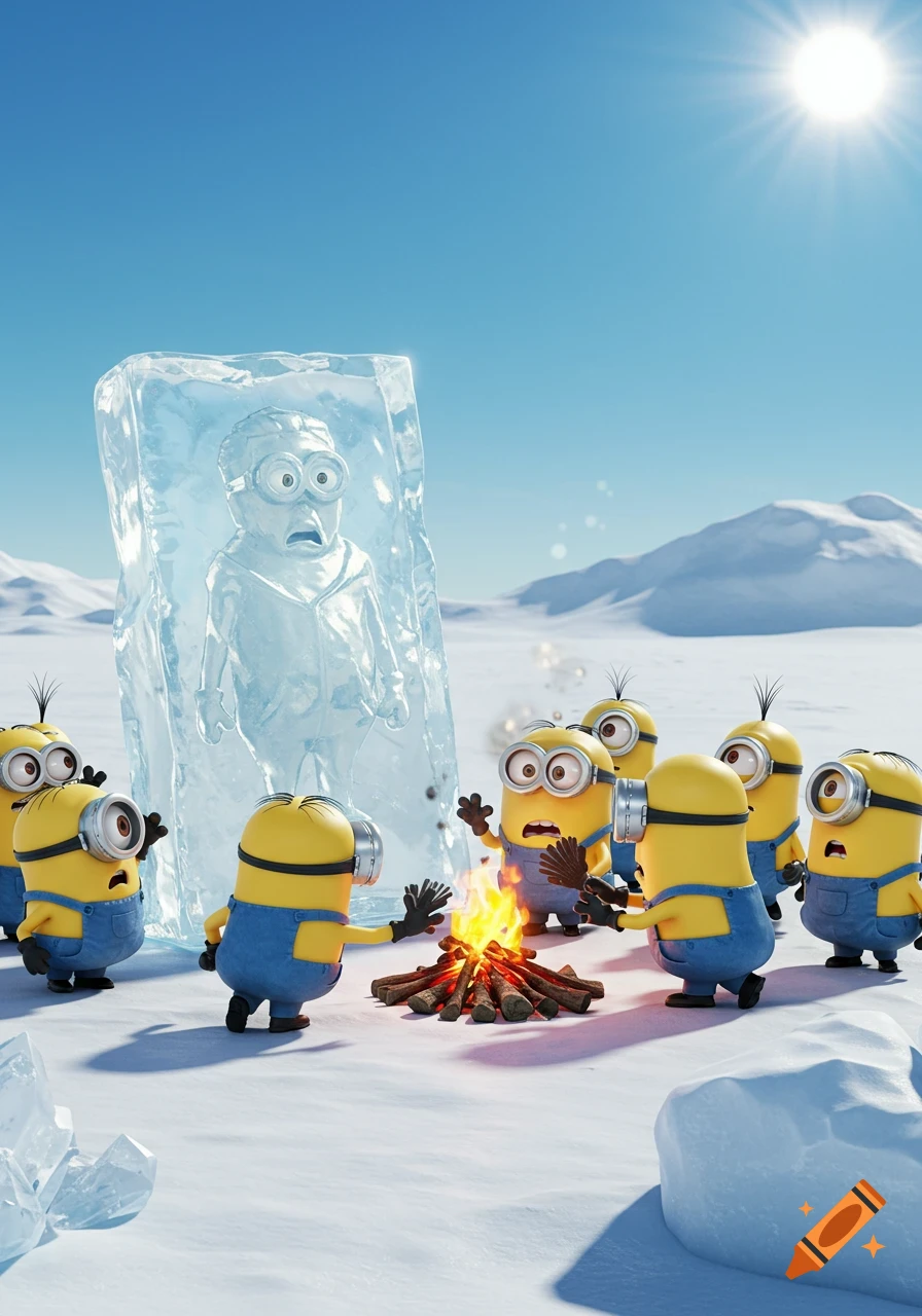Minions build a campfire in a snowy landscape to melt an ice block containing a frozen minion.