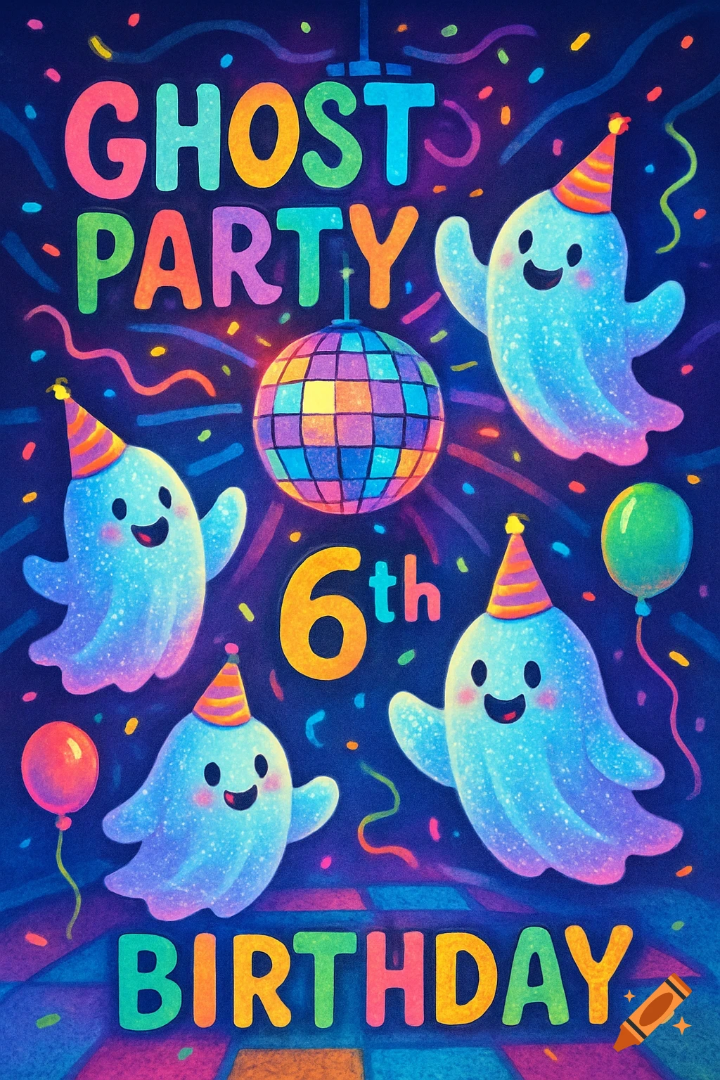 A vibrant illustration for a 'Ghost Party 6th Birthday' invitation with four cute, glowing ghosts in party hats, a disco ball, and confetti.