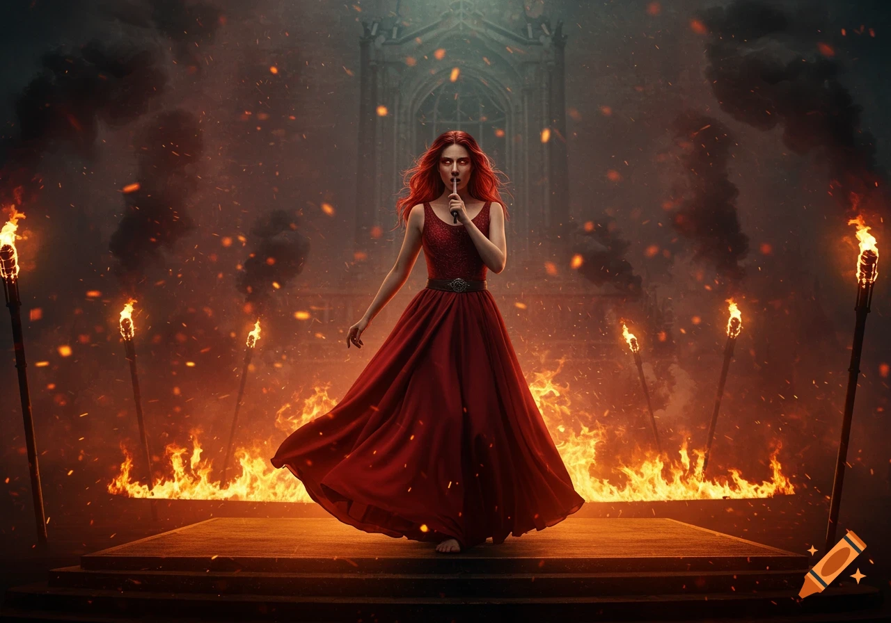 A red-haired woman in a flowing red gown stands on a stage amidst flames, smoke, and sparks, with a gothic building in the background.