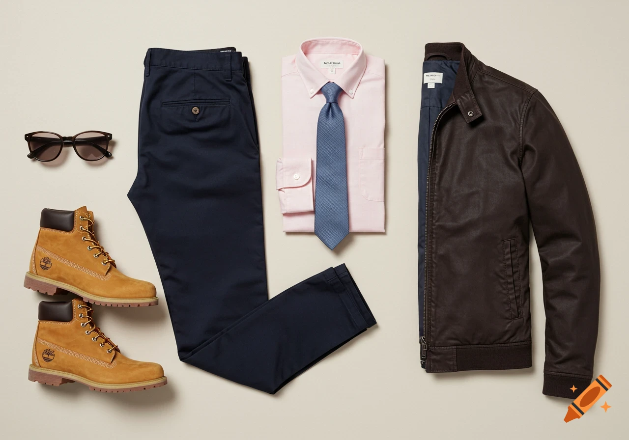 A men's smart-casual outfit laid flat, featuring a brown leather jacket, pink shirt, blue tie, navy chinos, and tan Timberland boots.