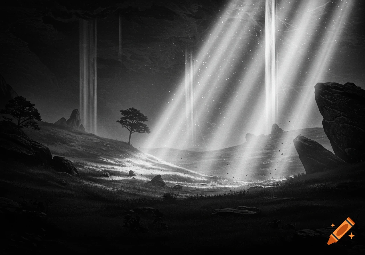 A dramatic black and white landscape with hills, solitary trees, and ...