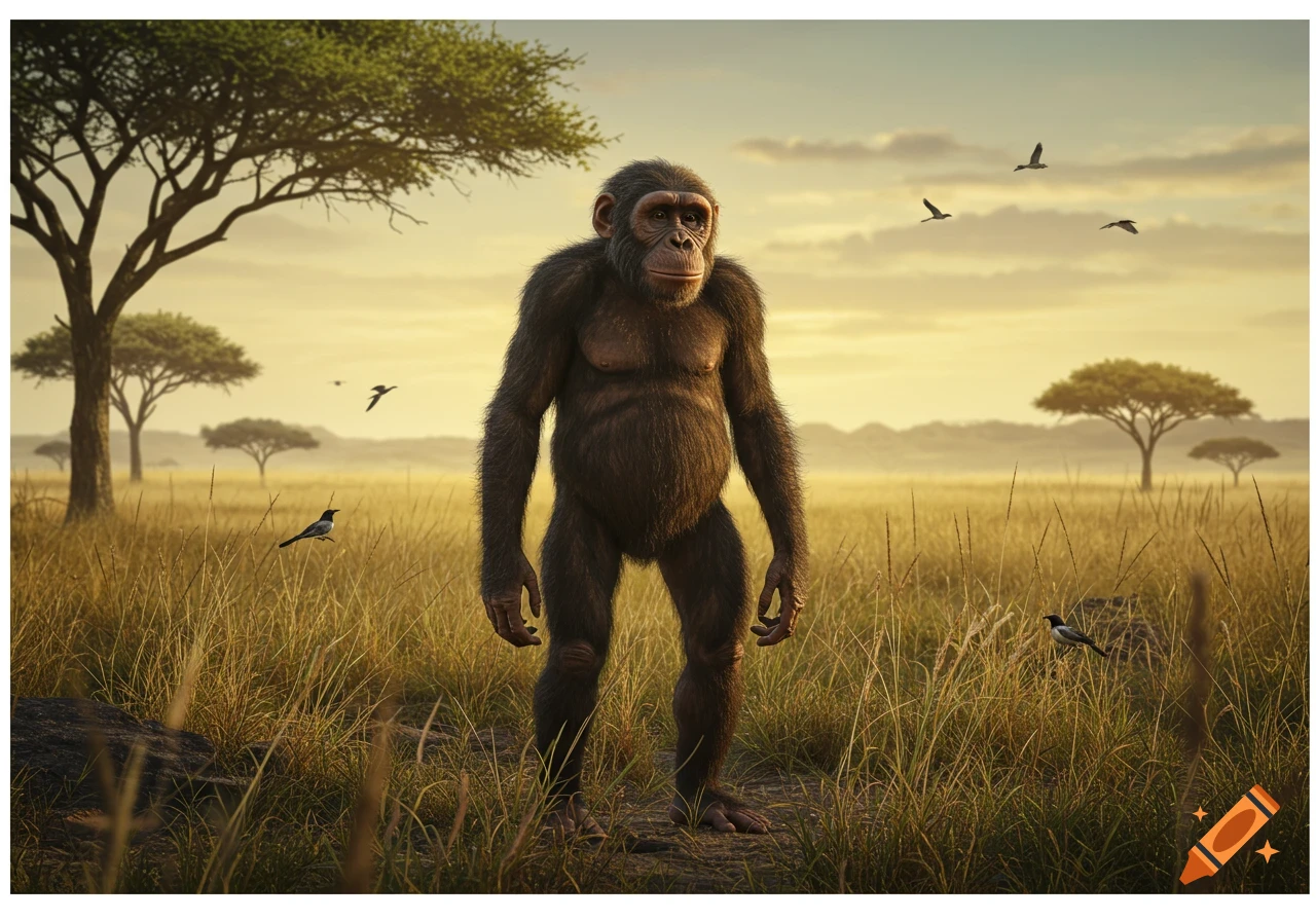 A photorealistic depiction of an Australopithecus anamensis standing upright in a golden savanna with acacia trees and birds.
