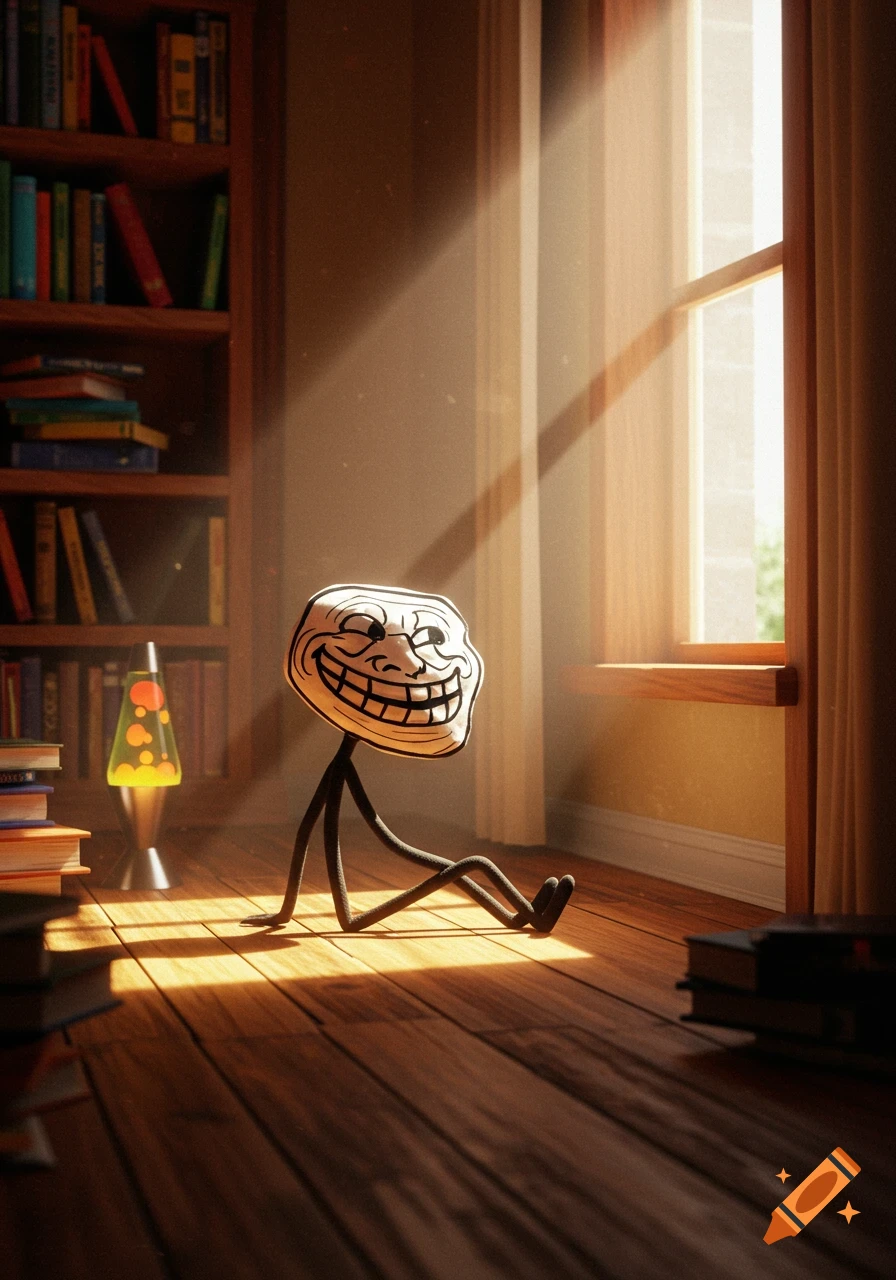 A Trollface stickman sits on a wooden floor, bathed in sunlight streaming through a window, next to a bookshelf and a lava lamp.