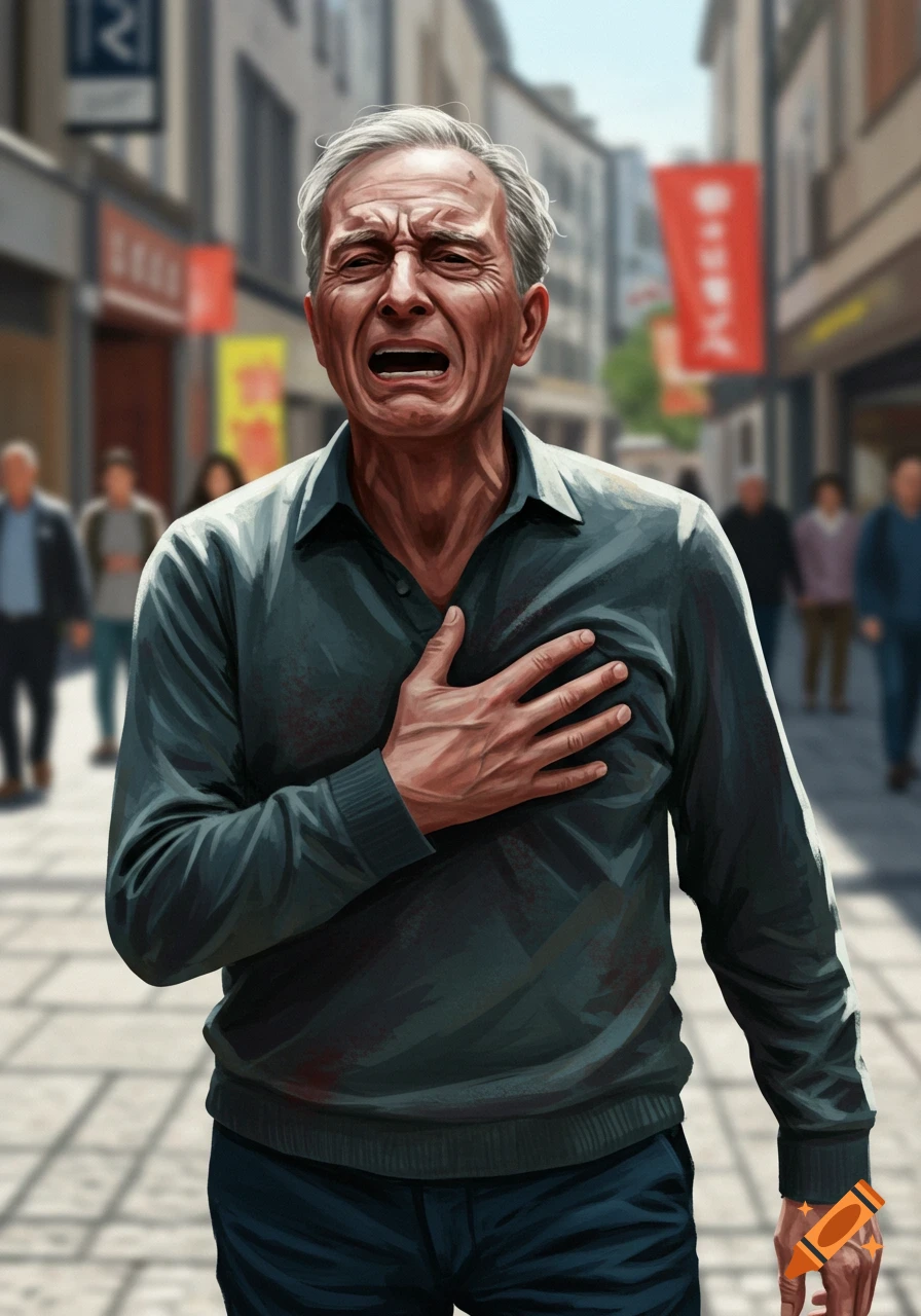 An elderly man clutches his chest in pain, his face contorted in agony, standing on a pedestrian street with blurred people in the background.