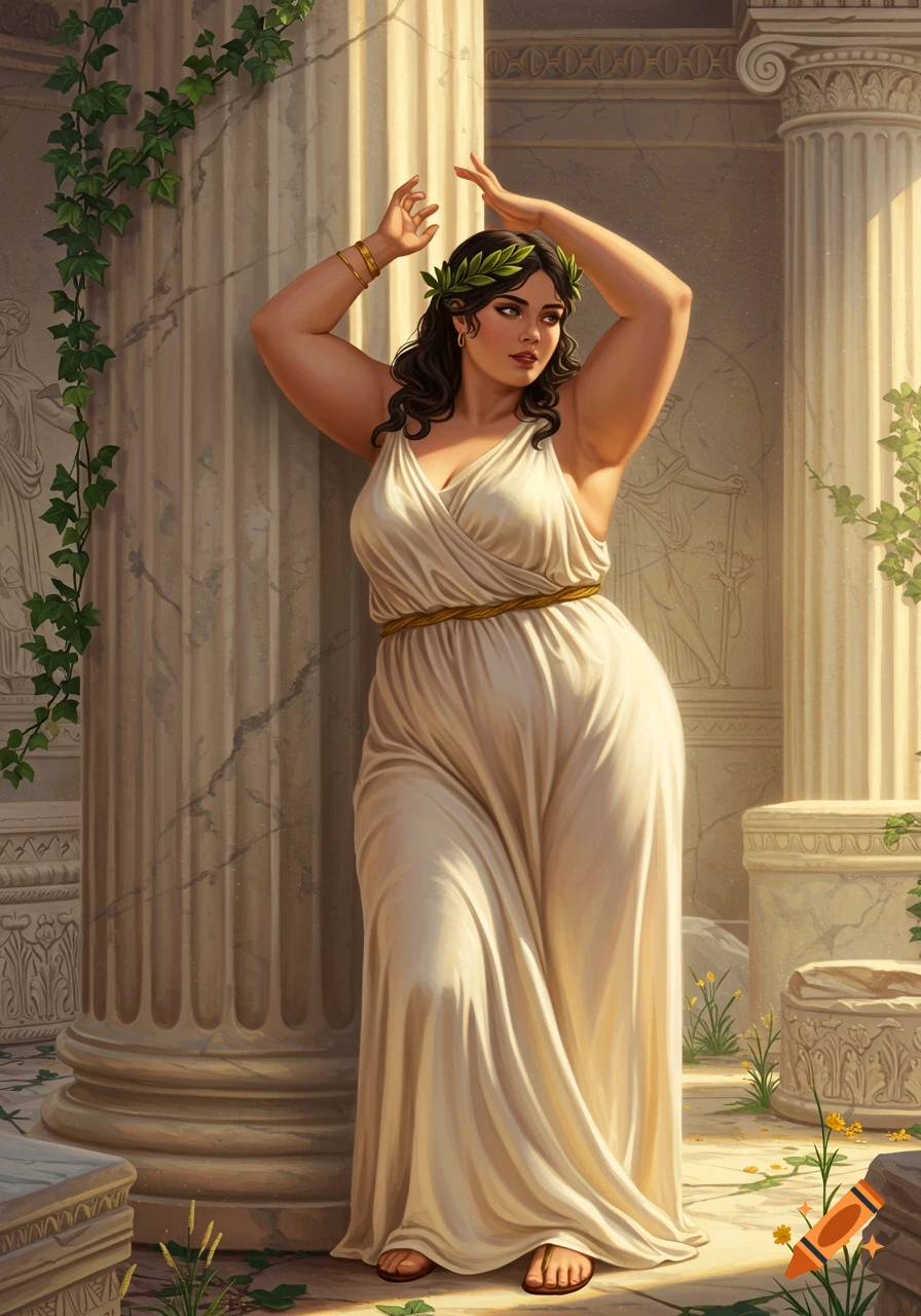 A plus-size woman in a white ancient Greek chiton and laurel wreath stands gracefully by a fluted column, her arms raised, in a sunlit ruins scene.