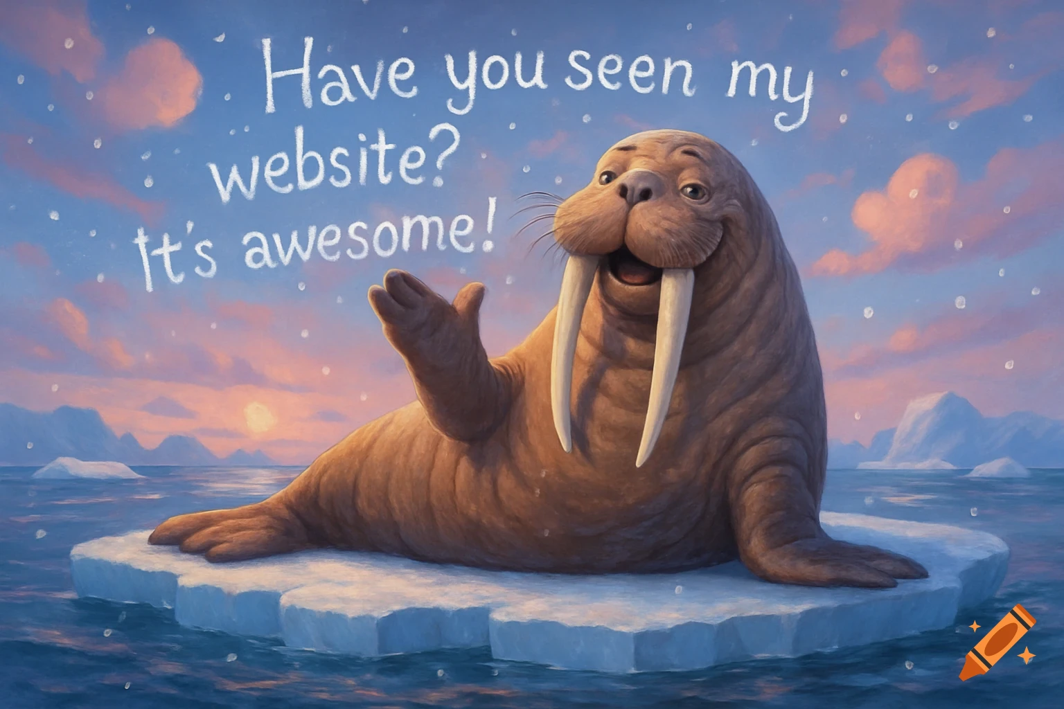 A friendly cartoon walrus on an ice floe under a sunset sky, asking 'Have you seen my website? It's awesome!'