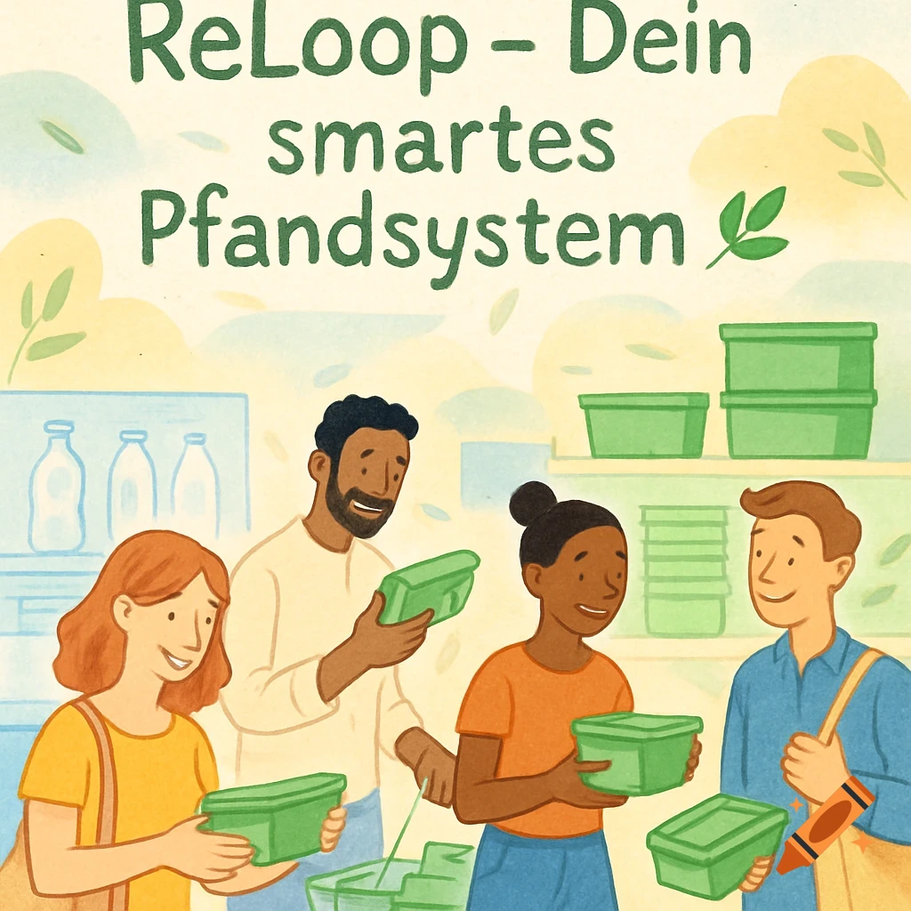 Friendly illustration of diverse people shopping with green reusable containers in a store, promoting a 'ReLoop' system with text and a leaf icon.
