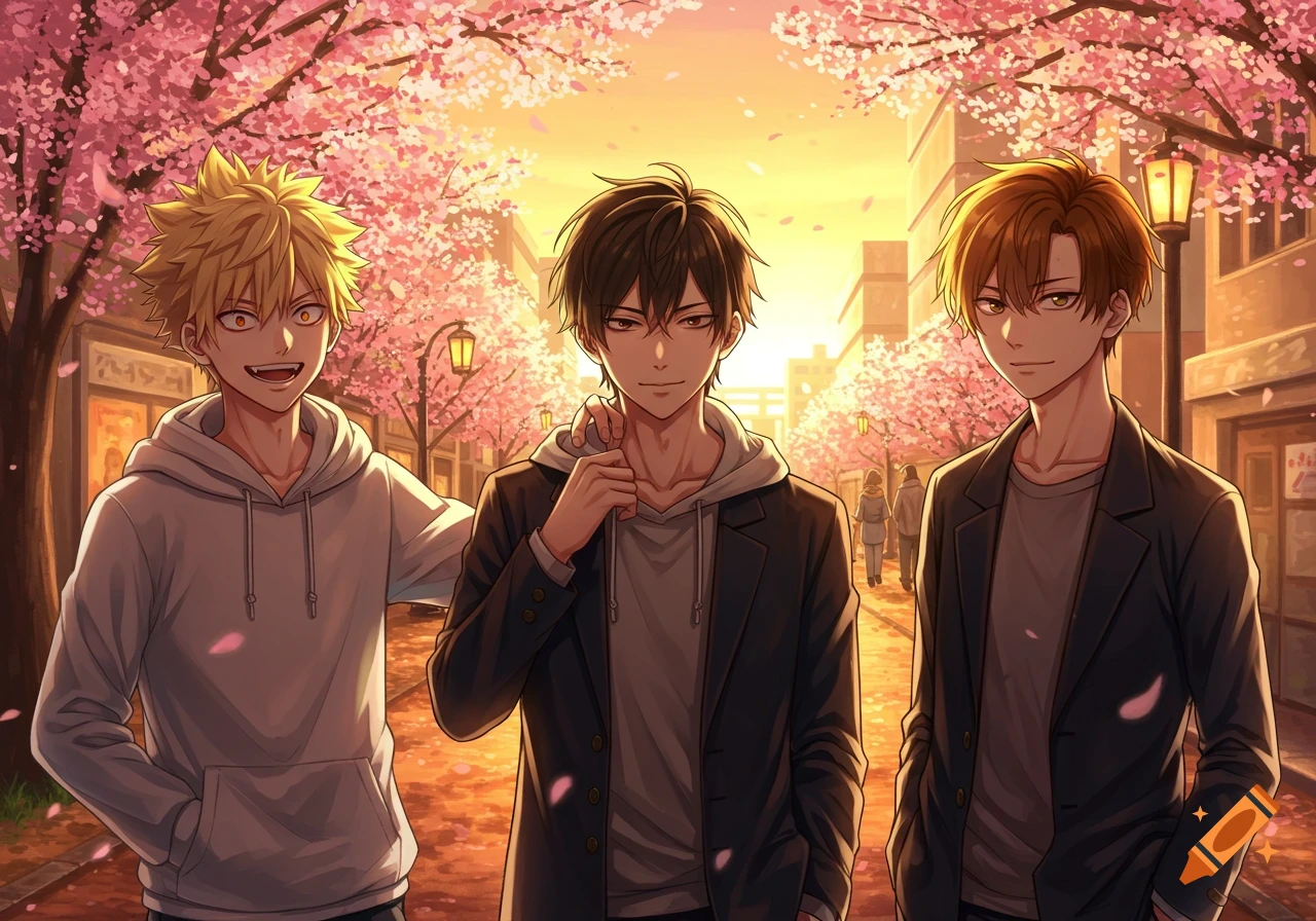 Three anime boys, two blond and one brunette, stand under pink cherry blossom trees on a street at sunset.