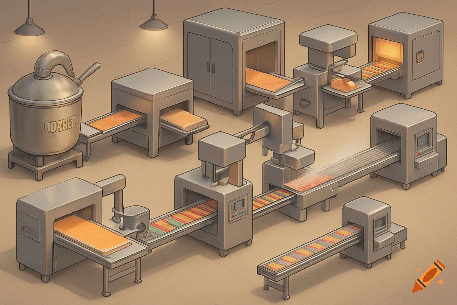 Isometric illustration of a colorful marmalade candy production line in a factory.