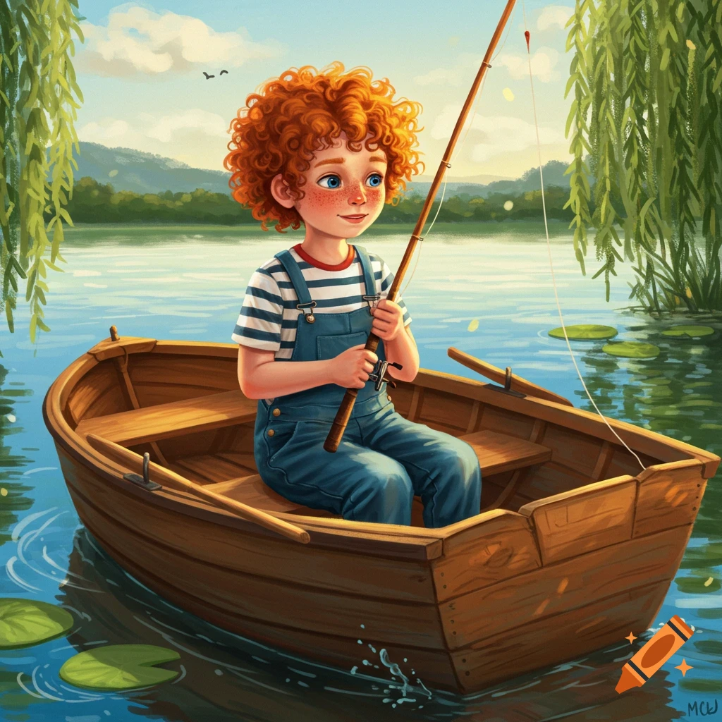 An illustration of a red-haired boy with freckles, wearing overalls and a striped shirt, fishing from a wooden boat on a calm lake with lily pads and willow trees.