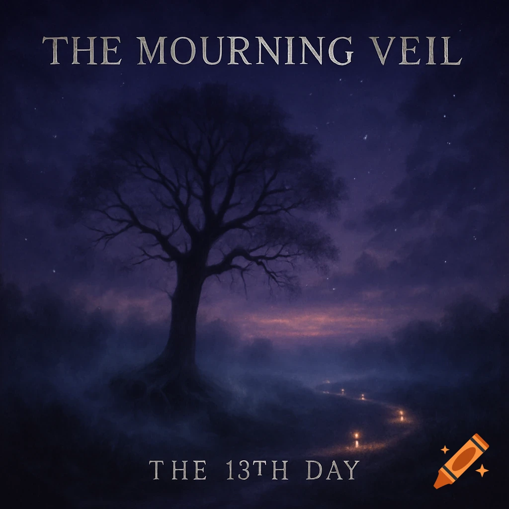 Dark album cover with a silhouetted tree, starry night, and a path with glowing lights, with text 'The Mourning Veil' and 'The 13th Day'.