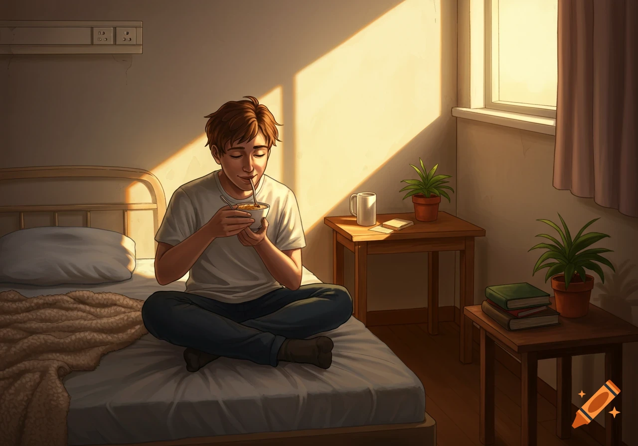 Anime illustration of a young man sitting cross-legged on a bed, enjoying food from a bowl in a sunlit room.