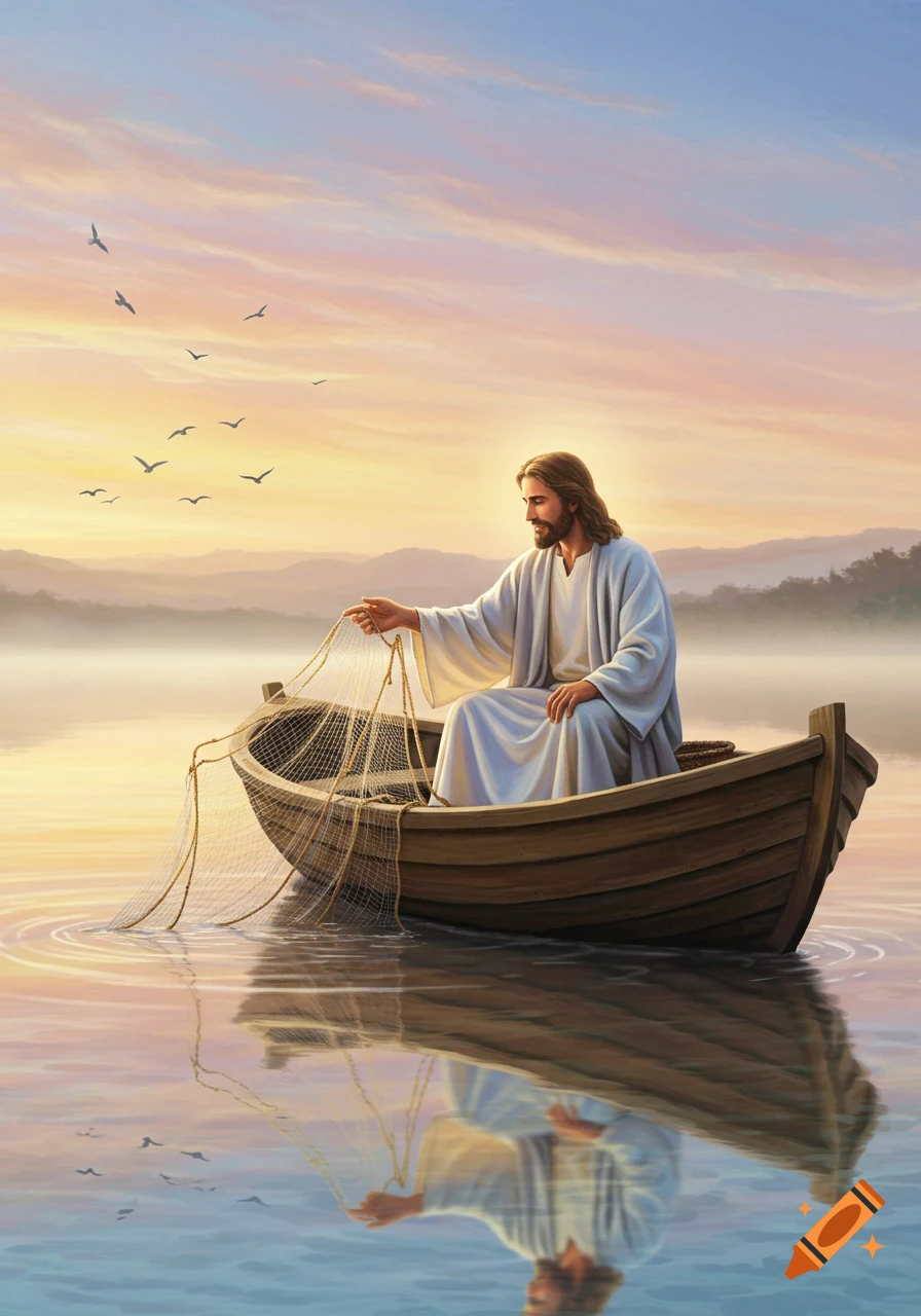 Jesus sits in a wooden boat, casting a fishing net into calm water under a pastel sky with flying birds. Painting style.