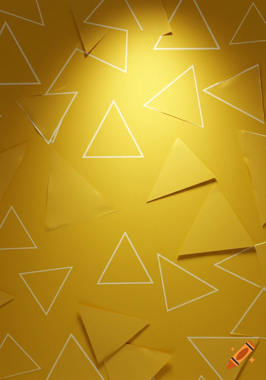 A bright yellow background with scattered yellow paper triangles and white outline triangles.