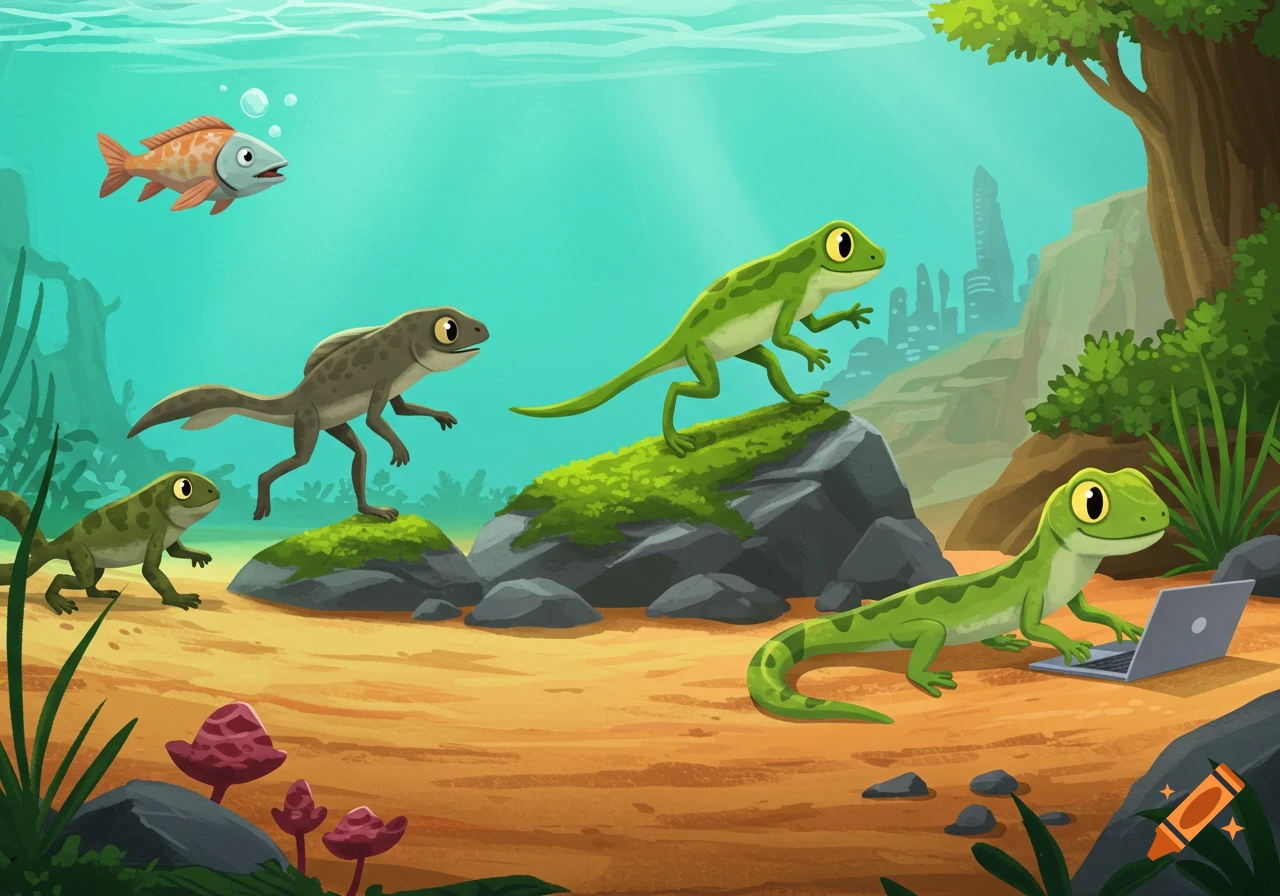 A whimsical cartoon illustration of evolution, showing a fish, amphibian-like creatures, and lizards, with one lizard typing on a laptop.
