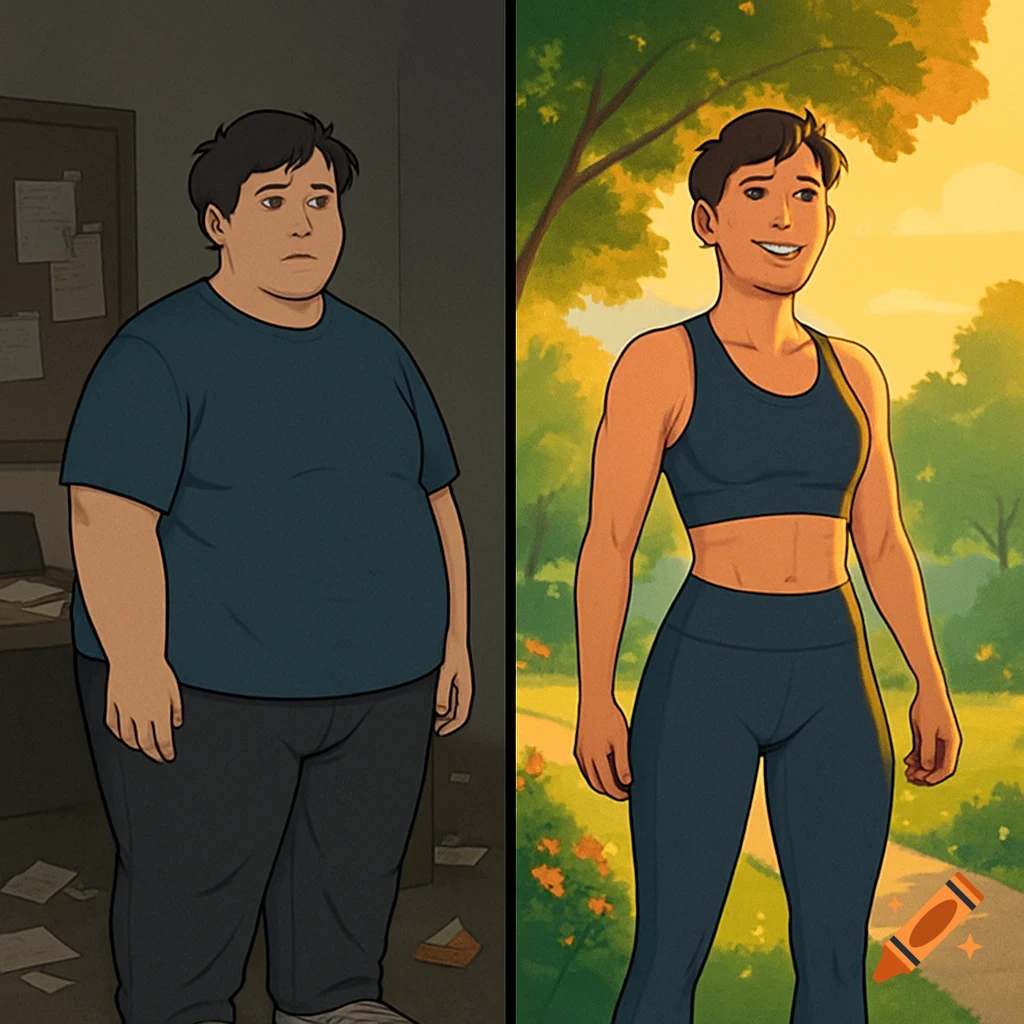 Cartoon before-and-after of a person's weight loss journey, from overweight indoors to fit and smiling outdoors.