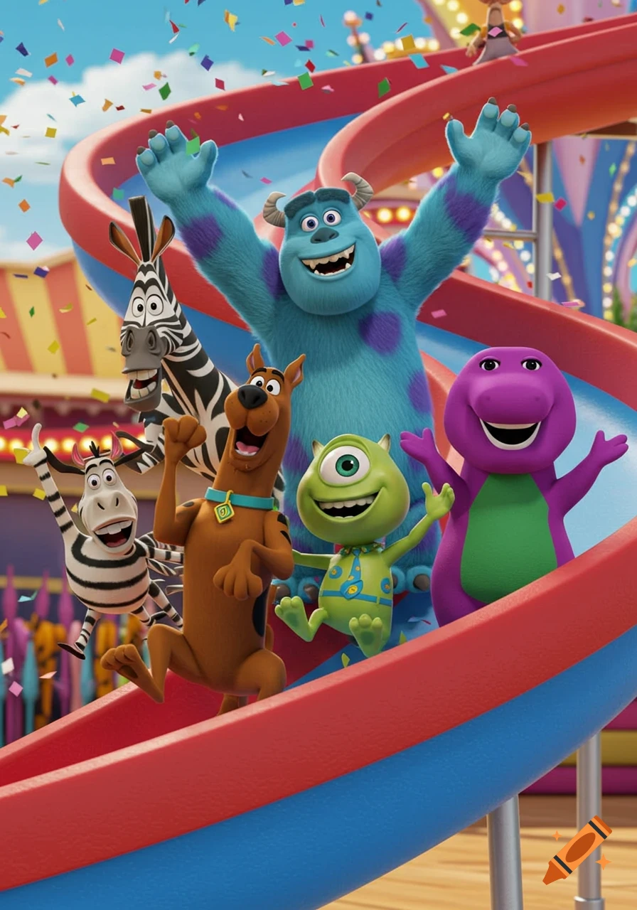 Marty the zebra, Scooby Doo, Sully, a small green monster, and Barney slide down a funhouse slide with confetti.