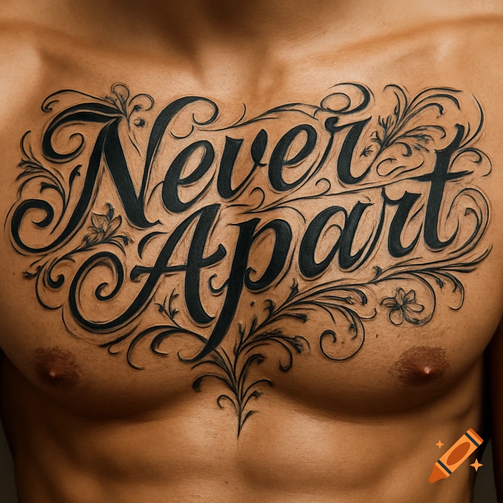Close-up of a muscular male chest with a large, ornate black script tattoo reading 'Never Apart' amidst floral scrollwork.