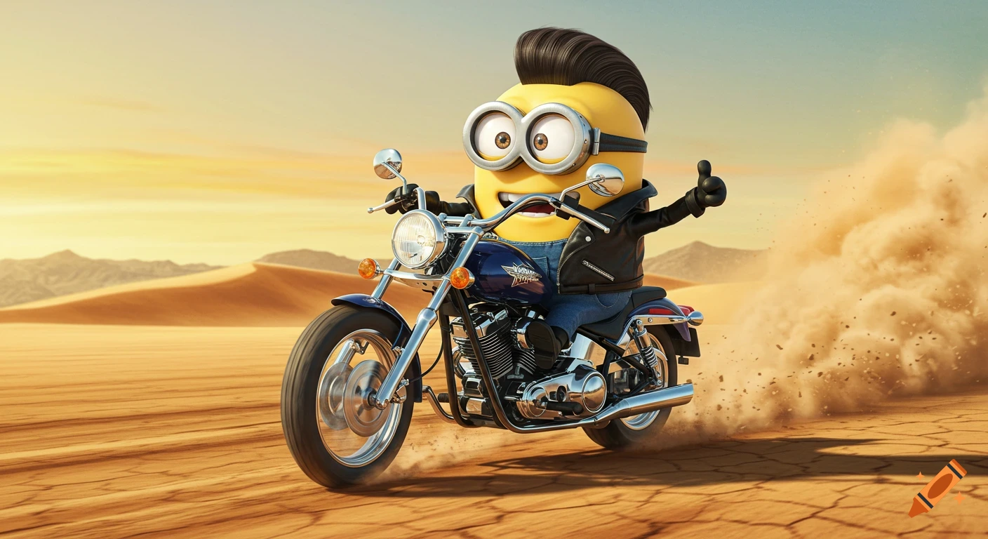A Minion dressed as a 60s greaser in a leather jacket rides a motorcycle through a desert, giving a thumbs-up.