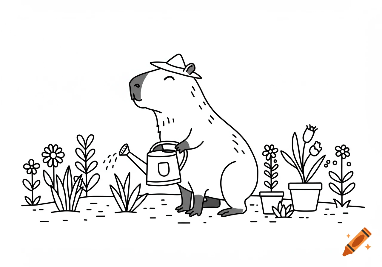Black and white line art of a capybara wearing a hat and watering plants in a garden.