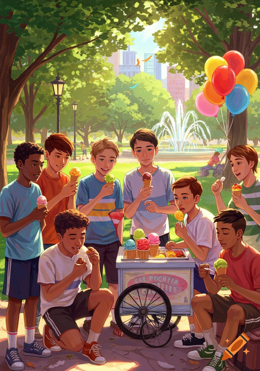 Diverse teen boys eat ice cream from a cart in a sunny park with a fountain and city skyline in the background, illustrated.