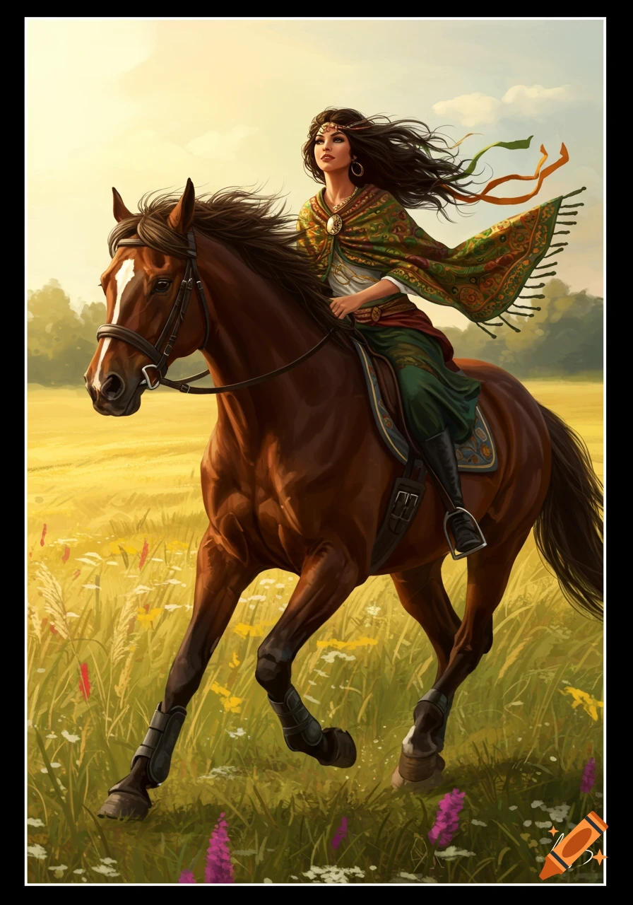 A woman with flowing dark hair and a colorful patterned cloak rides a brown horse through a sunny golden field with wildflowers.